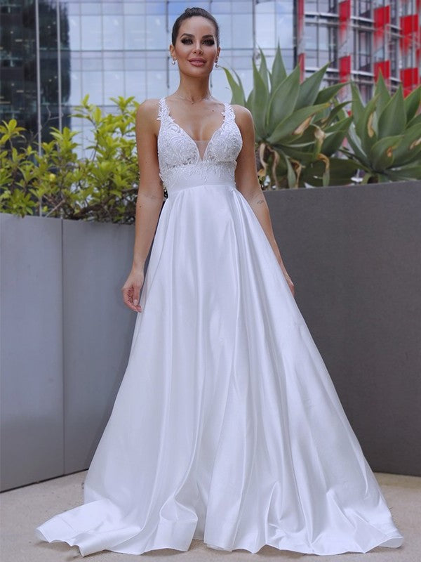 Satin Sleeveless Sweep/Brush Applique A-Line/Princess V-neck Train Wedding Dresses