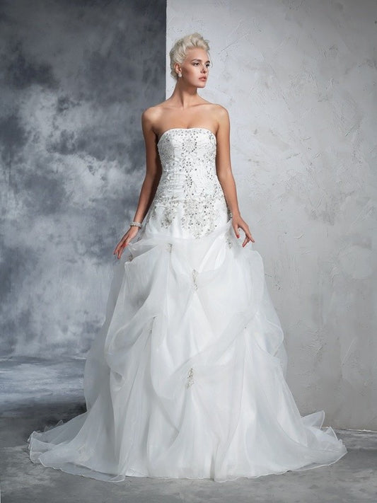 Beading Gown Strapless Ball Long Sleeveless Tulle Wedding Dresses