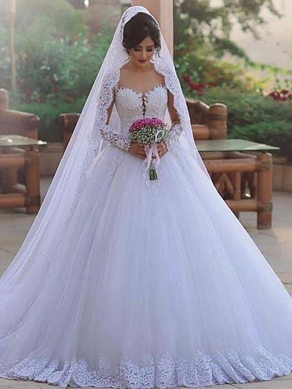 Sweep/Brush Long Ball Train Sleeves Lace Sweetheart Gown Tulle Wedding Dresses