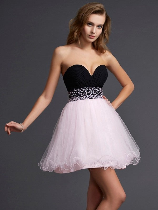 Sweetheart Elastic A-Line/Princess Short Woven Sleeveless Beading Satin Homecoming Dresses