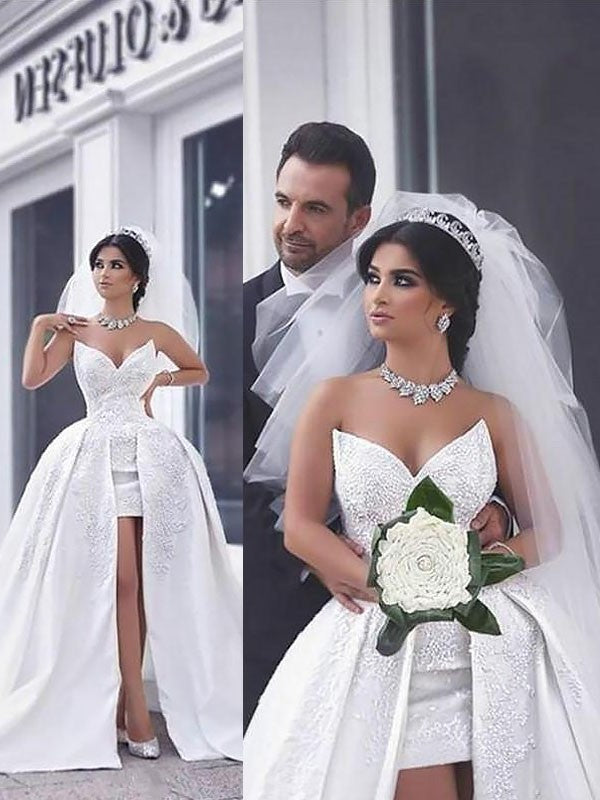 Satin Train Chapel Sleeveless Ball Beading Gown Sweetheart Wedding Dresses