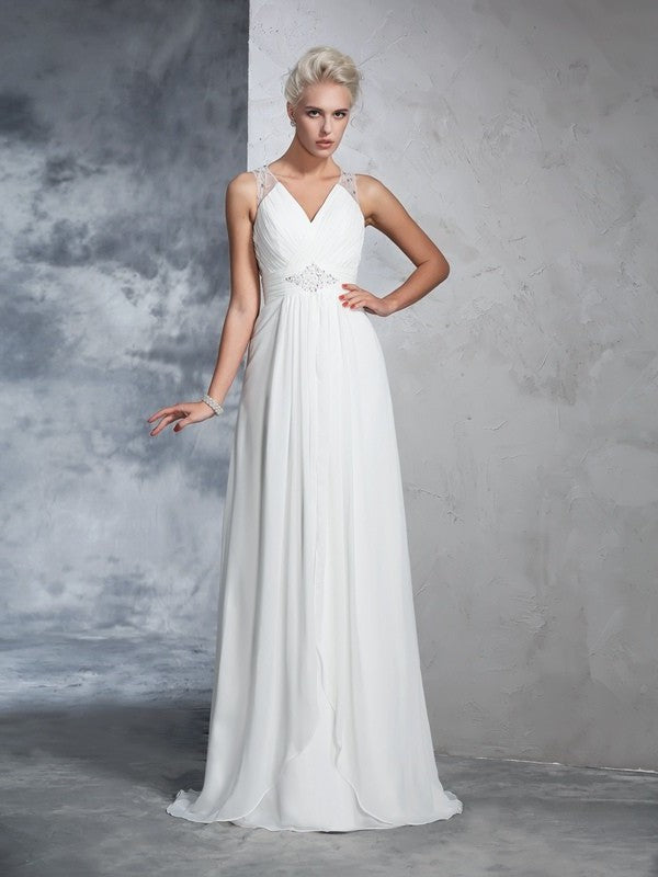 V-neck Ruched Long Sleeveless A-Line/Princess Chiffon Wedding Dresses