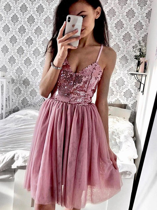 Tulle A-Line/Princess Straps Sequin Spaghetti Sleeveless Short/Mini Homecoming Dresses