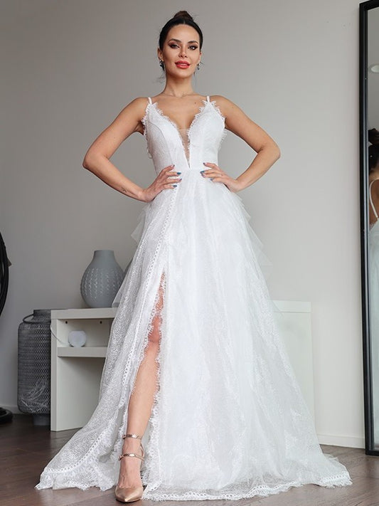 Ruffles A-Line/Princess Lace V-neck Sweep/Brush Sleeveless Train Wedding Dresses