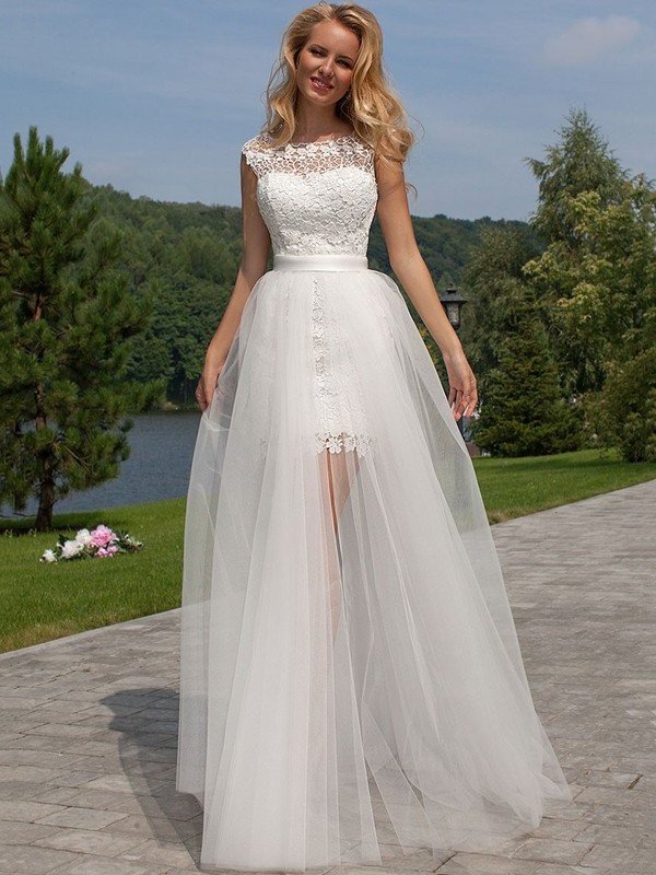 Floor-Length Sleeveless Lace Sheath/Column Scoop Tulle Wedding Dresses