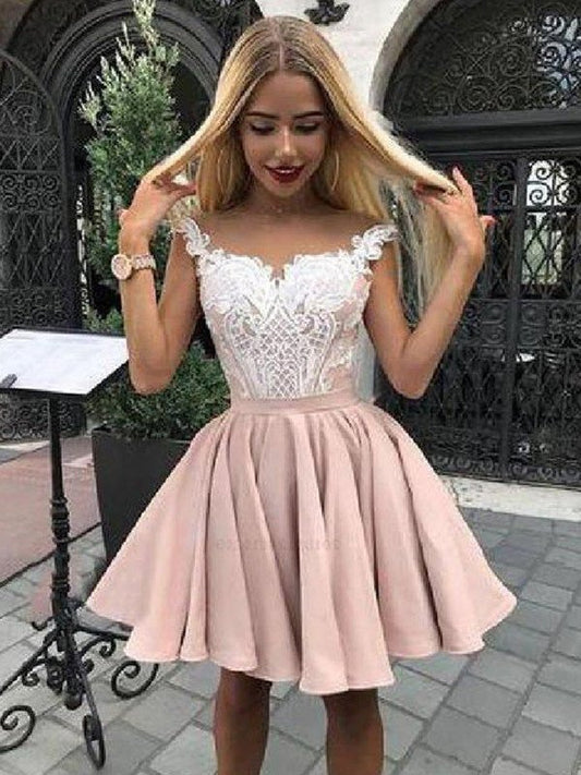 Off-the-Shoulder Applique A-Line/Princess Satin Sleeveless Short/Mini Homecoming Dress