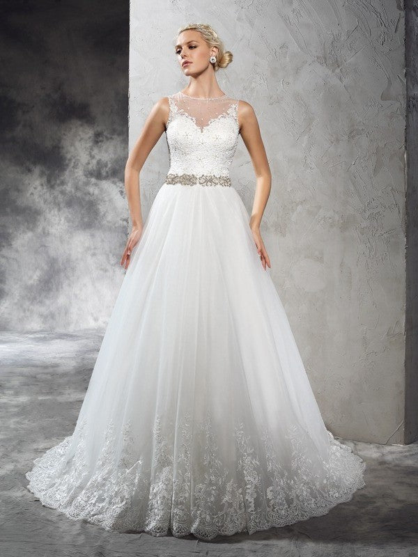 Sleeveless Neck Sheer A-Line/Princess Long Beading Net Wedding Dresses