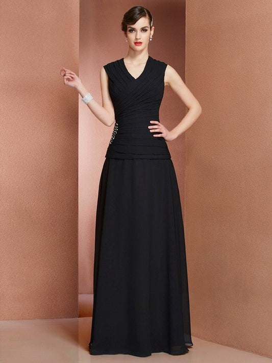 Beading V-neck Sleeveless A-Line/Princess Long Chiffon Dresses