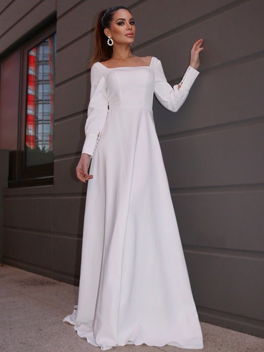 Sleeves Crepe Ruffles Long Sweep/Brush A-Line/Princess Square Stretch Train Wedding Dresses