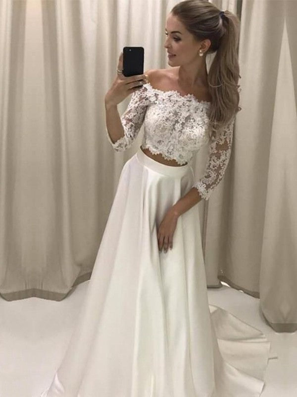 Off-the-Shoulder A-Line/Princess 3/4 Lace Sleeves Train Sweep/Brush Satin Wedding Dresses