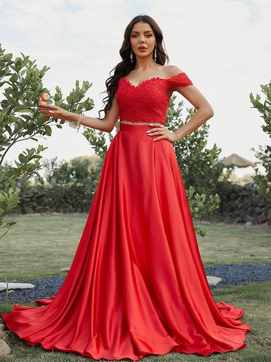 A-Line/Princess Silk Off-the-Shoulder Applique Sleeveless Train Sweep/Brush Satin like Two Piece Dresses