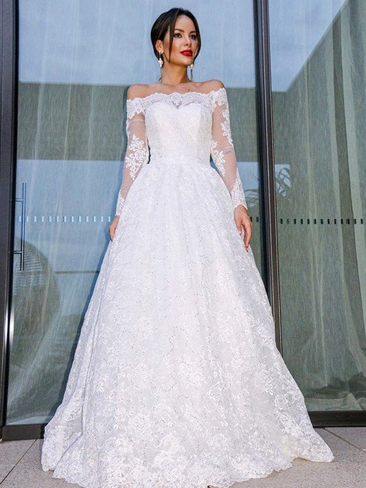 Bateau Gown Lace Ball Sleeves Long Floor-Length Wedding Dresses