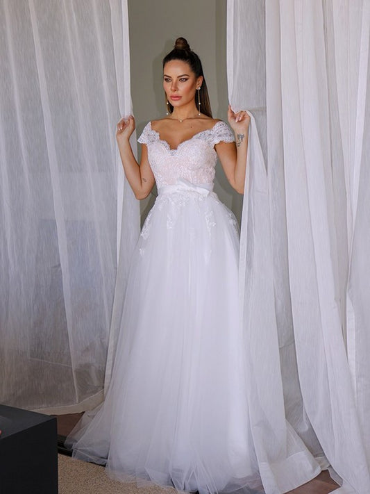 A-Line/Princess V-neck Tulle Lace Sleeveless Floor-Length Wedding Dresses