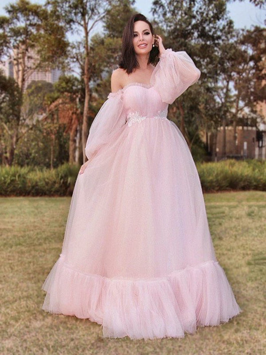 Tulle A-Line/Princess Floor-Length Long Sleeves Applique Off-the-Shoulder Dresses