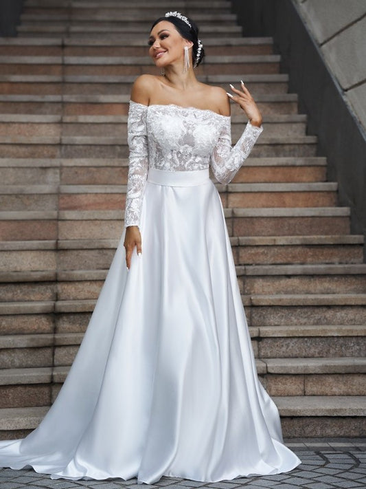 Long Satin Lace Sweep/Brush A-Line/Princess Off-the-Shoulder Sleeves Train Wedding Dresses