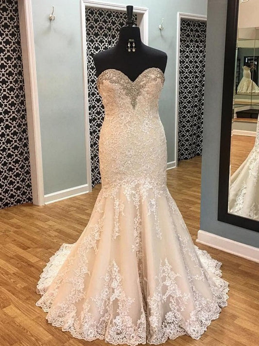 Sleeveless Applique Sweetheart Court Trumpet/Mermaid Tulle Train Wedding Dresses