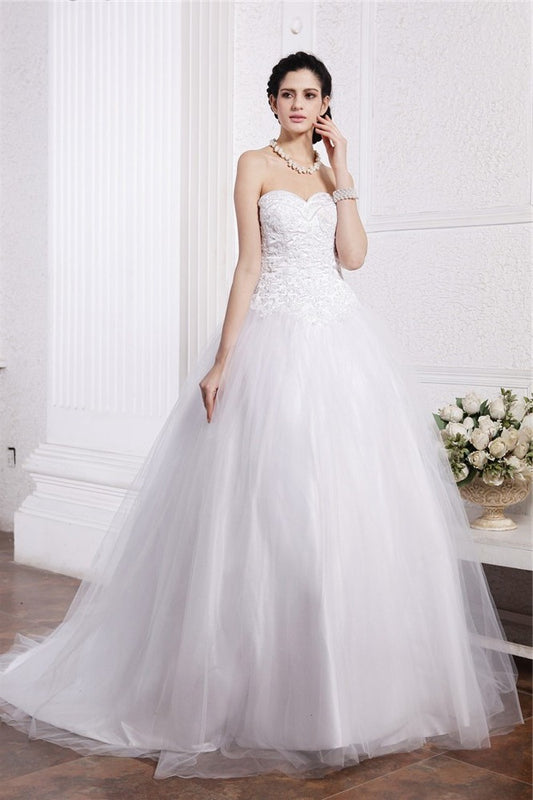 Gown Long Ball Beading Sweetheart Applique Sleeveless Net Wedding Dresses