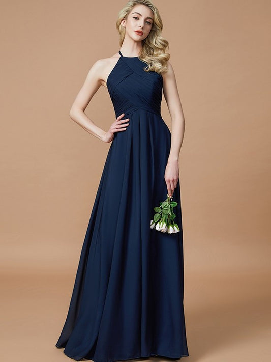 A-Line/Princess Floor-Length Ruched Halter Sleeveless Chiffon Bridesmaid Dresses