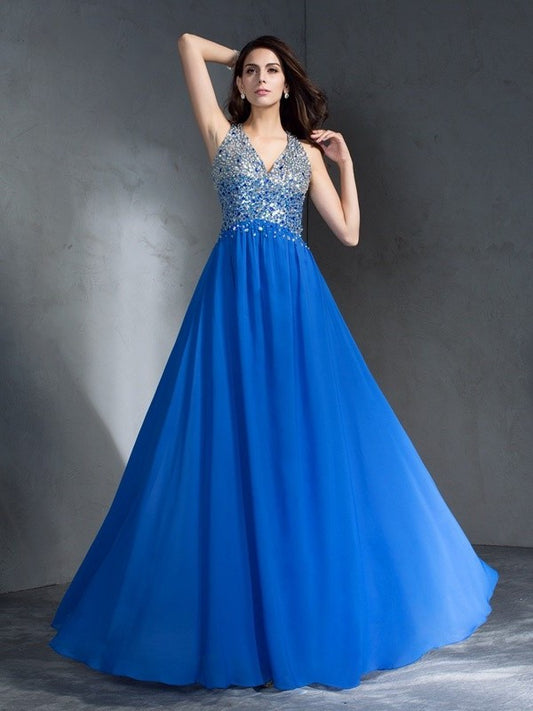 V-neck Beading Sleeveless A-Line/Princess Long Chiffon Dresses