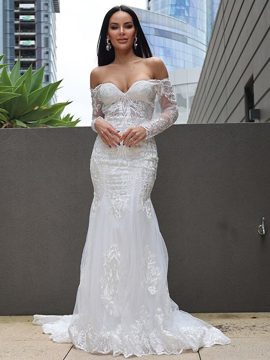 Sweep/Brush Applique Off-the-Shoulder Sleeves Long Trumpet/Mermaid Tulle Train Wedding Dresses