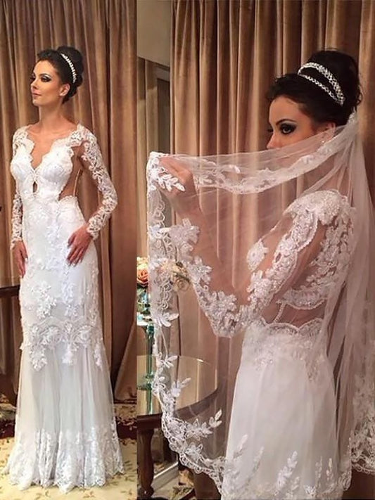 V-neck Sleeves Sweep/Brush Applique Long Tulle Sheath/Column Train Wedding Dresses