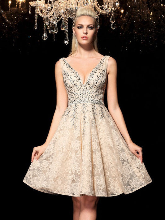 A-Line/Princess V-Neck Cocktail Sherlyn Lace Homecoming Dresses Beading Sleeveless Short Dresses