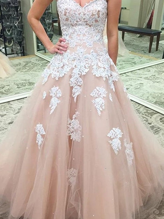 Ball Sleeveless Gown Applique Sweetheart Tulle Floor-Length Dresses