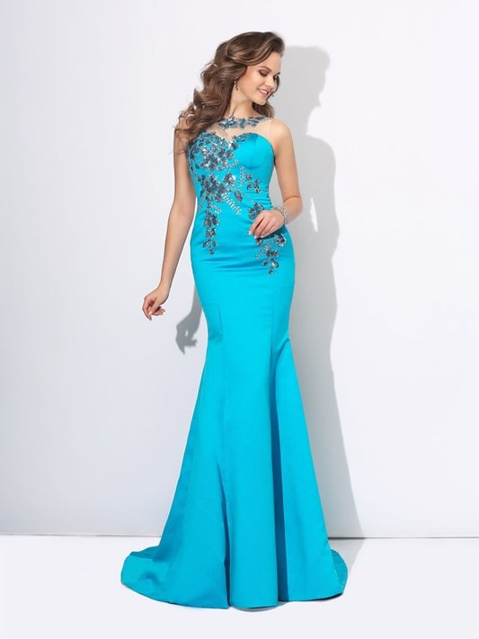 Trumpet/Mermaid Applique Scoop Sleeveless Long Satin Dresses