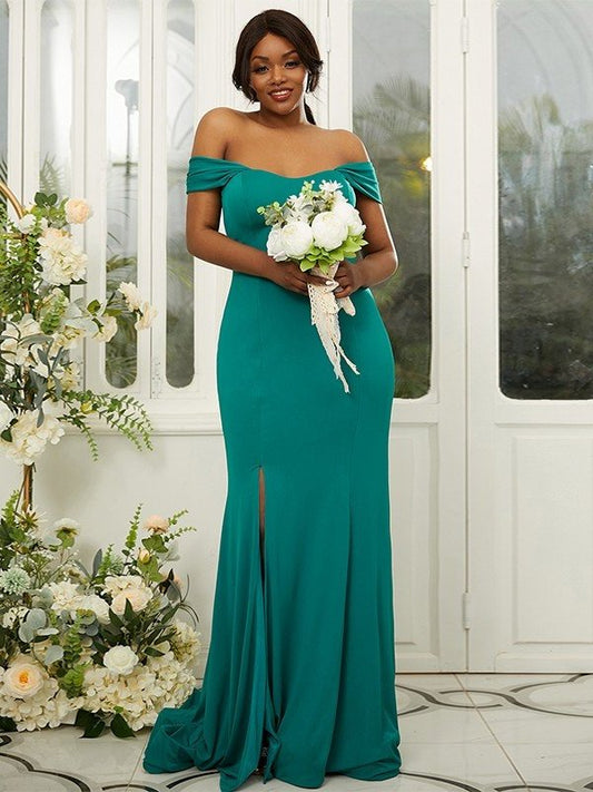 Jersey Sleeveless Off-the-Shoulder Ruffles Sheath/Column Sweep/Brush Train Bridesmaid Dresses