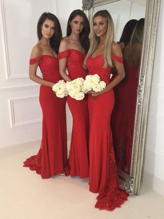 Sweep/Brush Trumpet/Mermaid Off-the-Shoulder Sleeveless Jersey Train Bridesmaid Dresses