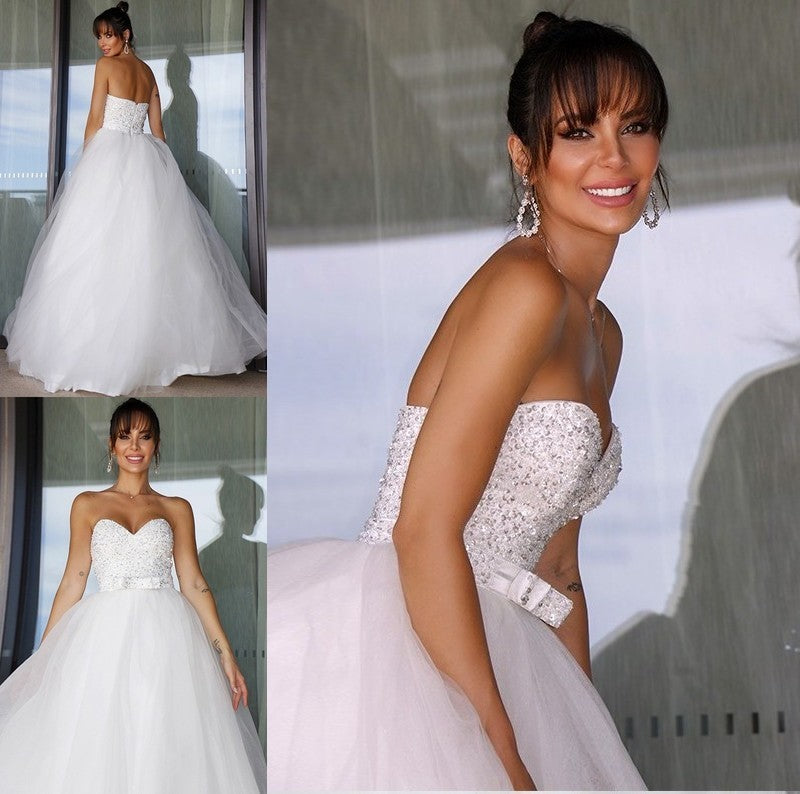 Bowknot Gown Sweetheart Ball Sleeveless Tulle Floor-Length Wedding Dresses