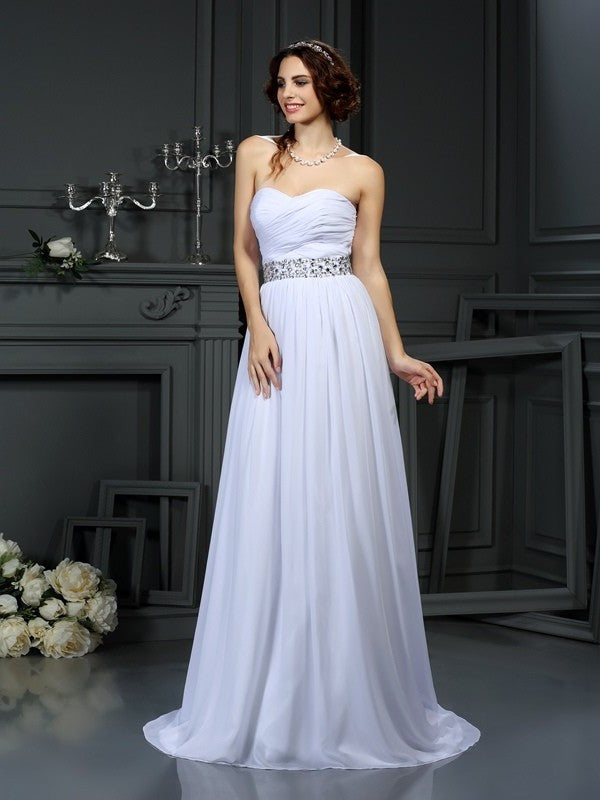 Sweetheart Sleeveless Long A-Line/Princess Beading Chiffon Wedding Dresses