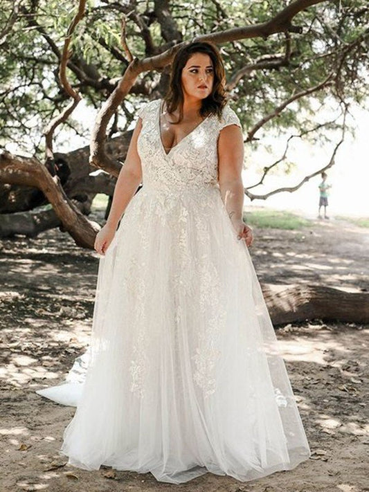 Applique Short Train Plus Sleeves V-neck A-Line/Princess Tulle Sweep/Brush Size Wedding Dresses