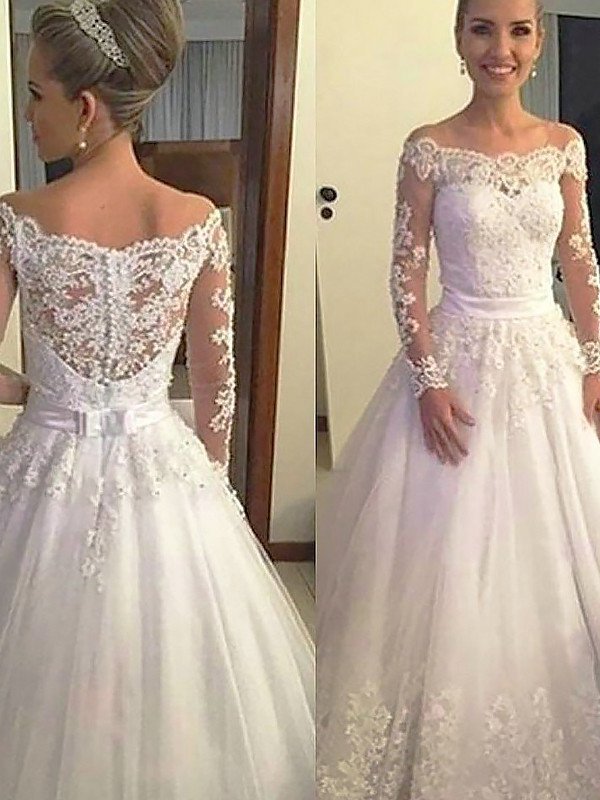 Long Ball Lace Off-the-Shoulder Gown Sleeves Tulle Court Train Wedding Dresses