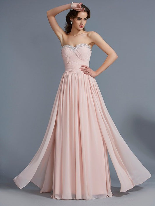 A-Line/Princess Pleats Sweetheart Sleeveless Long Chiffon Dresses