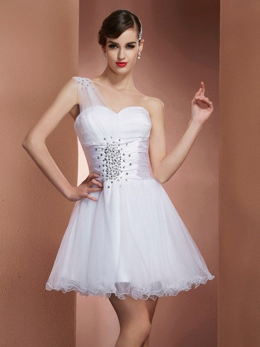 A-Line/Princess Sleeveless Short One-Shoulder Beading Net Homecoming Dresses