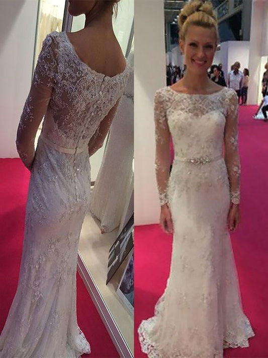 Lace Sheath/Column Long Chiffon Sweep/Brush Sleeves Scoop Train Wedding Dresses