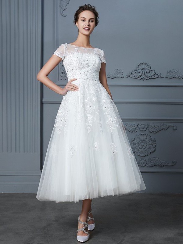 Tea-Length Scoop Short A-Line/Princess Sleeves Beading Tulle Wedding Dresses