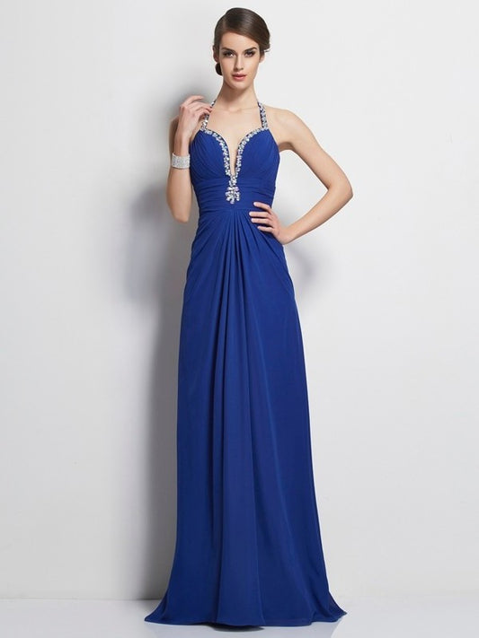 A-Line/Princess Beading Halter Sleeveless Long Chiffon Dresses