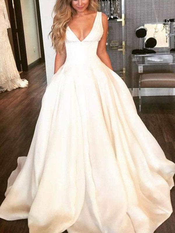 A-Line/Princess Ruffles Sleeveless Sweep/Brush V-neck Train Satin Wedding Dresses