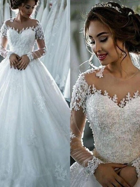 Gown Tulle Court Applique Sleeves Ball Long Scoop Train Wedding Dresses