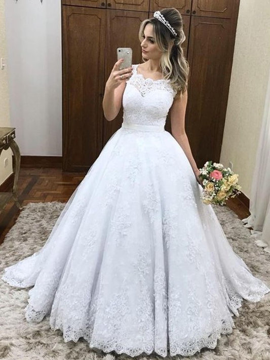 Sleeveless Train Ball Sweep/Brush Gown Scoop Lace Satin Wedding Dresses