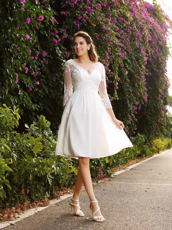 V-neck 3/4 A-Line/Princess Short Sleeves Chiffon Wedding Dresses