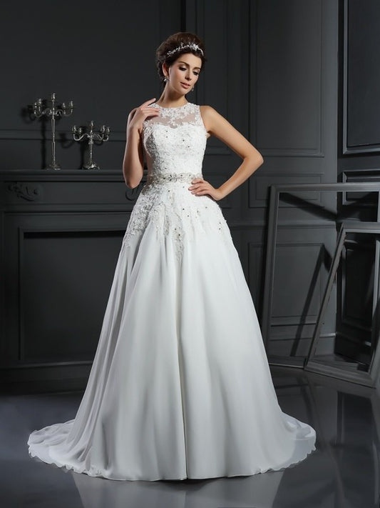 Neck Long Sleeveless High Beading A-Line/Princess Satin Wedding Dresses