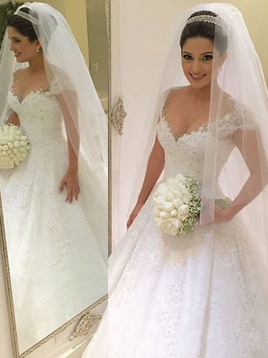 Sleeveless Gown Floor-Length Ball V-neck Beading Tulle Wedding Dresses