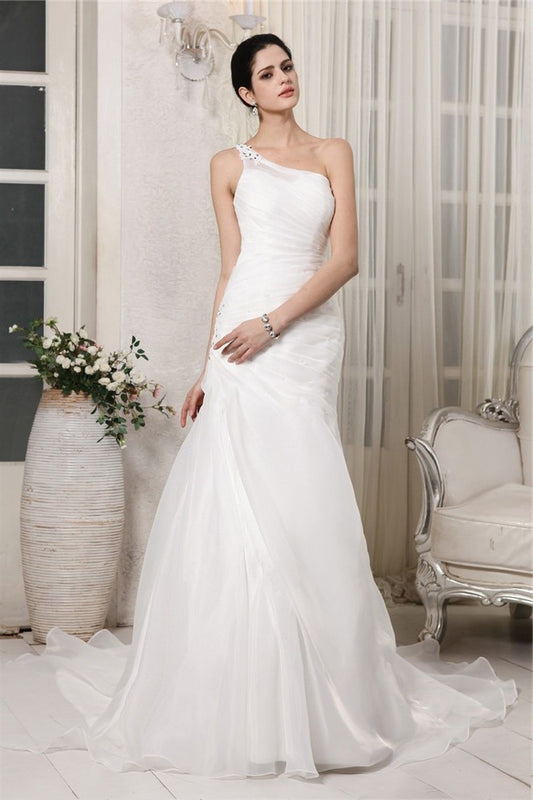 Sleeveless One-Shoulder Beading Applique Trumpet/Mermaid Long Organza Wedding Dresses