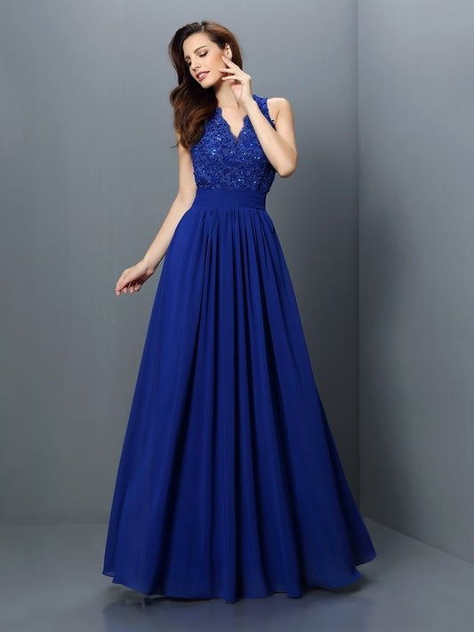 V-neck Sleeveless Applique A-Line/Princess Long Chiffon Bridesmaid Dresses