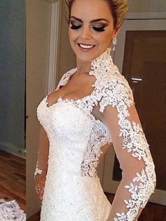 Applique Sleeves Train Sweep/Brush Trumpet/Mermaid Long V-neck Lace Wedding Dresses