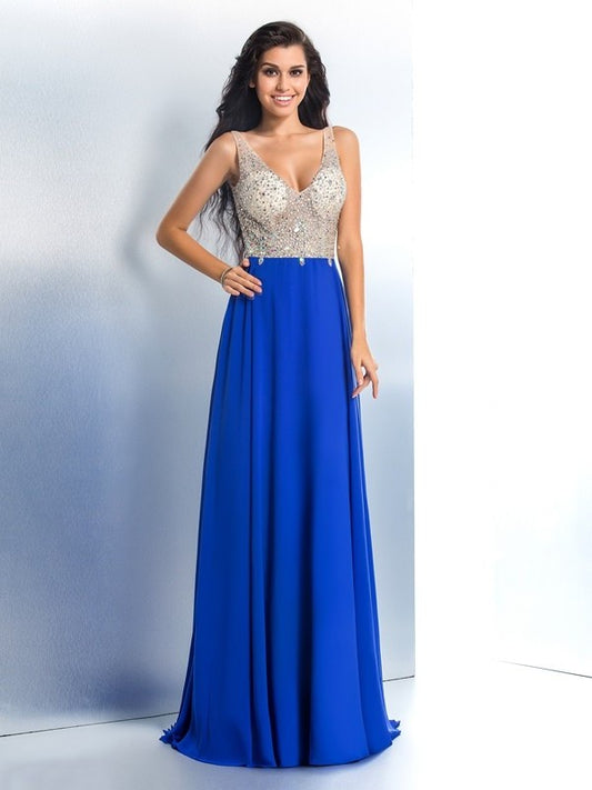 Sleeveless Straps A-Line/Princess Beading Long Chiffon Dresses