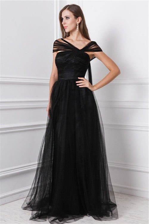 A-Line/Princess Sleeveless Ruffles Bateau Long Net Dresses